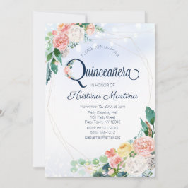Vintage Blue Rosa Blommigt Quinceanera födelsedag Inbjudningar
