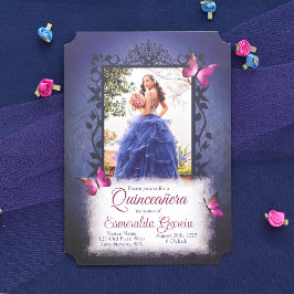 Vintage Blue, Rosa Butterflies Quinceanera Inbjudningar