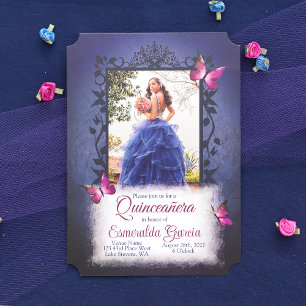 Vintage Blue, Rosa Butterflies Quinceanera Inbjudningar