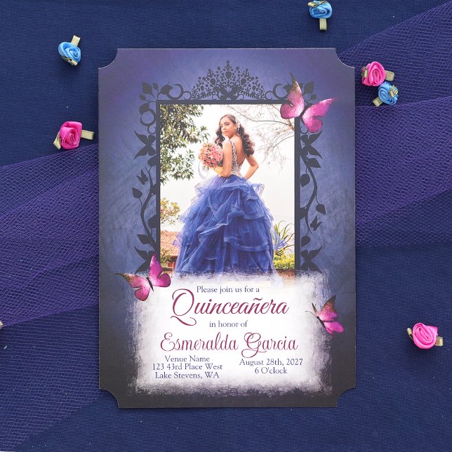 Vintage Blue, Rosa Butterflies Quinceanera Inbjudningar (Blue Quinceanera Invitation with Pink Butterflies Decorative Vines Frame, Dark Blue, Navy Blue Quinc)
