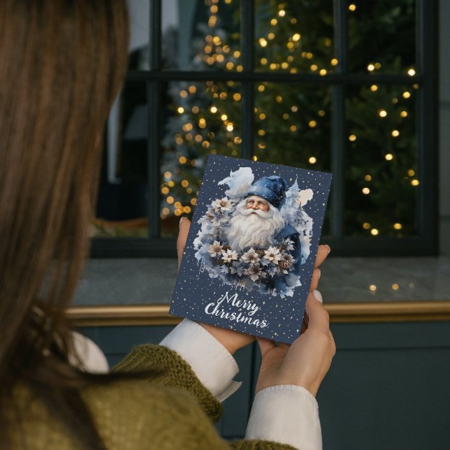 Vintage Blue Santa Anpassade Julkort (Skapare uppladdad)