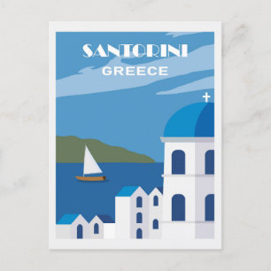 Vintage Blue Santorini Greece Travel Vykort