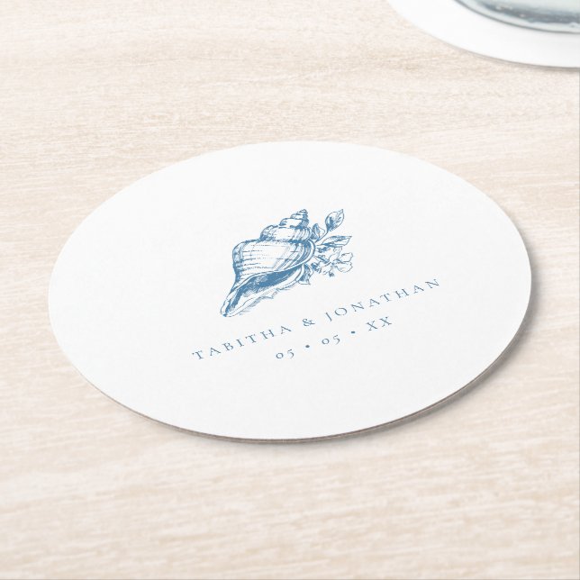Vintage Blue Seashell Coastal Wedding Underlägg Papper Rund (Vinklad)