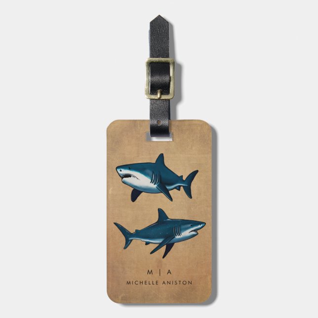 Vintage Blue Shark | MonogramAnpassningsbar Bagagebricka (Vertikal Framsida)