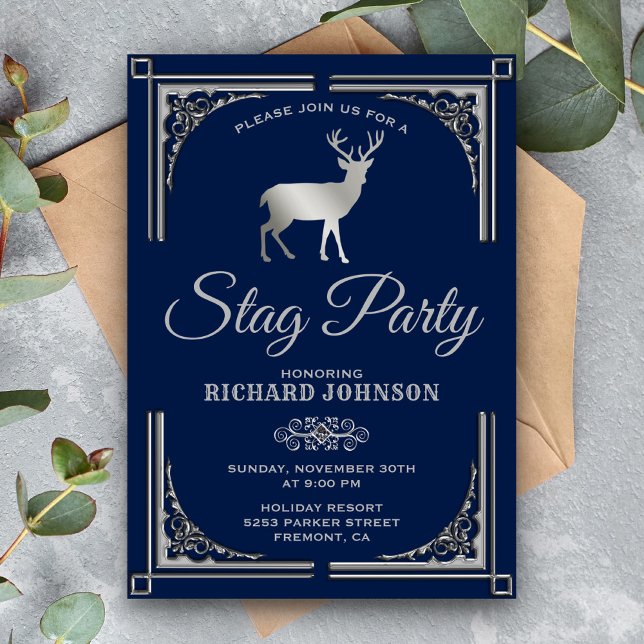 Vintage Blue Silver Stag Bachelor Party Inbjudningar (Skapare uppladdad)