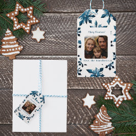 Vintage Blue Snowflake jul Photo Sticker Presentetikett