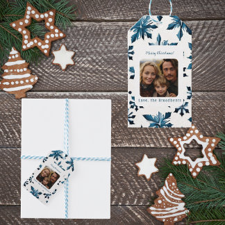 Vintage Blue Snowflake jul Photo Sticker Presentetikett