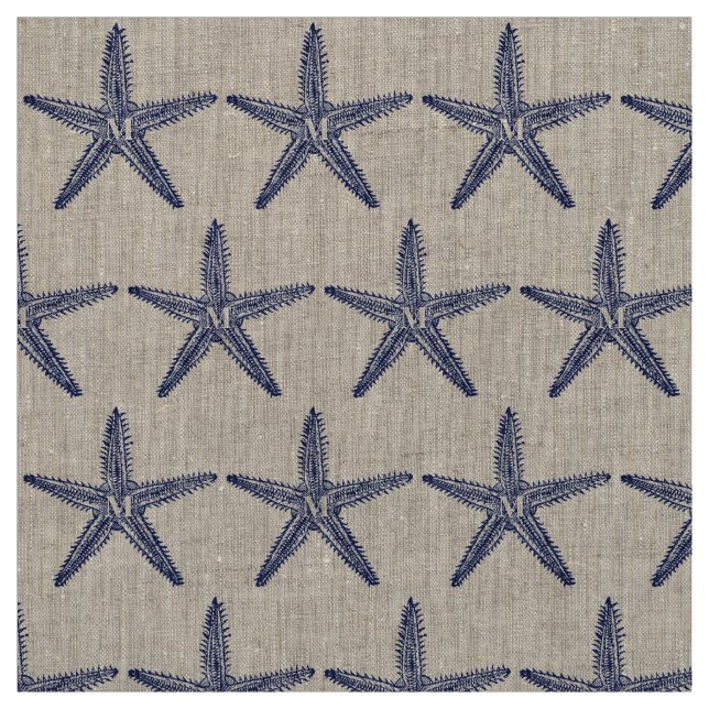 Vintage Blue Starfish Monogram Coastal Linen Tyg (Provkarta)