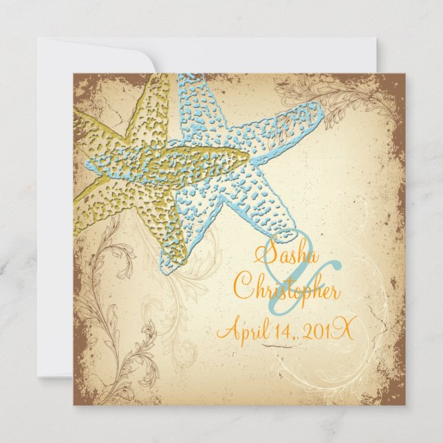 VINTAGE BLUE STARFISH WEDVITATIONS INBJUDNINGAR (Framsida)