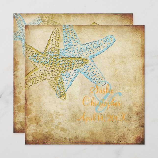VINTAGE BLUE STARFISH WEDVITATIONS INBJUDNINGAR (Fram/baksida)