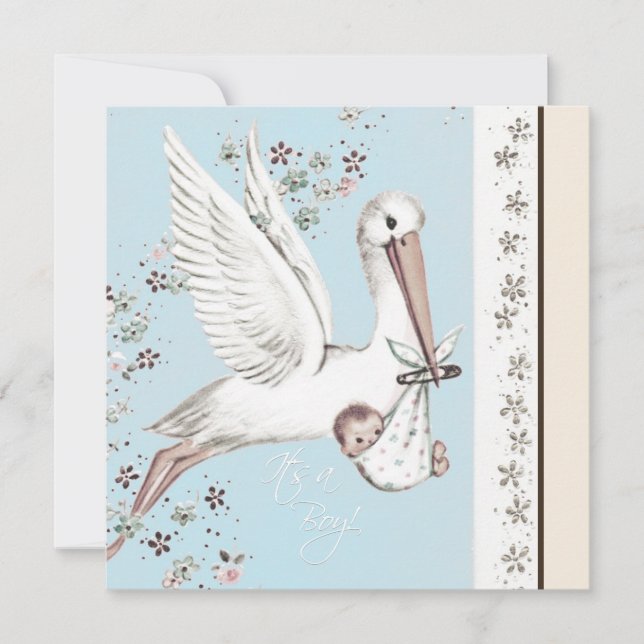 Vintage Blue Stork Baby Shower Inbjudningar (Framsida)