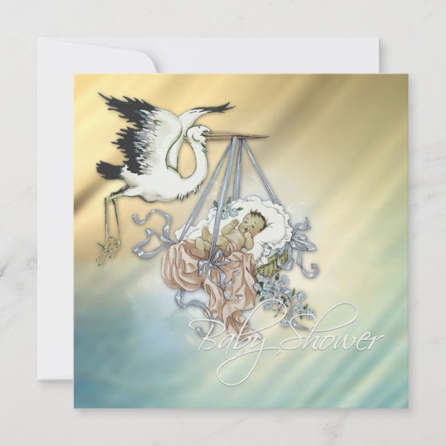 Vintage Blue Stork Pojke Shower Inbjudningar (Framsida)