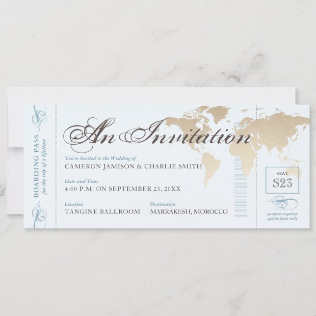Vintage Blue Tan Destination Boarding Pass Invita Inbjudningar (Framsida)