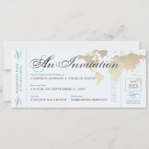 Vintage Blue Tan Destination Boarding Pass Invita Inbjudningar