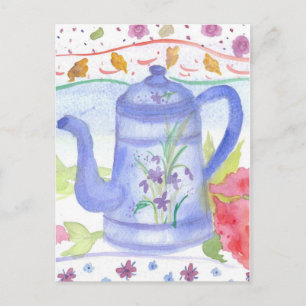 Vintage Blue Tea Coffee Pot Watercolor Flowers Vykort