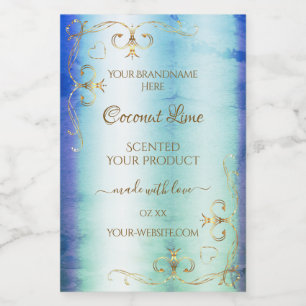 Vintage Blue Teal Marble Guld Ornate Product Label Mat Etikett