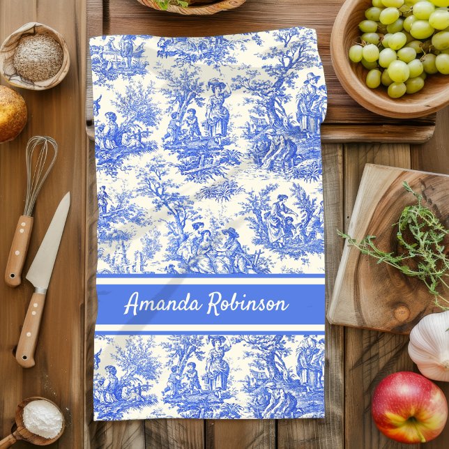 Vintage blue toile de jouy print kökshandduk (Skapare uppladdad)