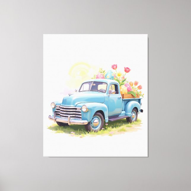 Vintage Blue Truck with Easter Eggs & Tulips Canvastryck (Framsida)