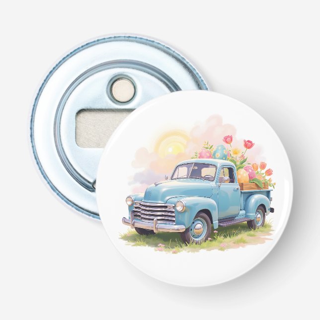 Vintage Blue Truck with Easter Eggs & Tulips Flasköppnare (Framsidan)