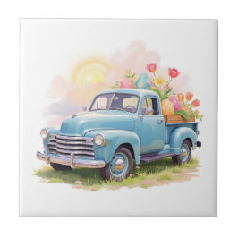 Vintage Blue Truck with Easter Eggs & Tulips Kakelplatta