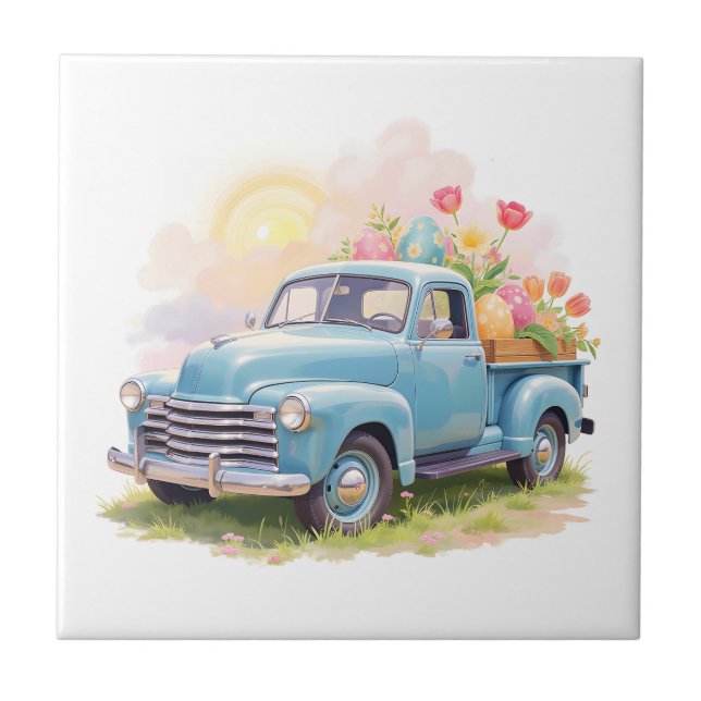 Vintage Blue Truck with Easter Eggs & Tulips Kakelplatta (Framsidan)