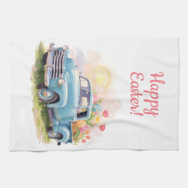 Vintage Blue Truck with Easter Eggs & Tulips Kökshandduk