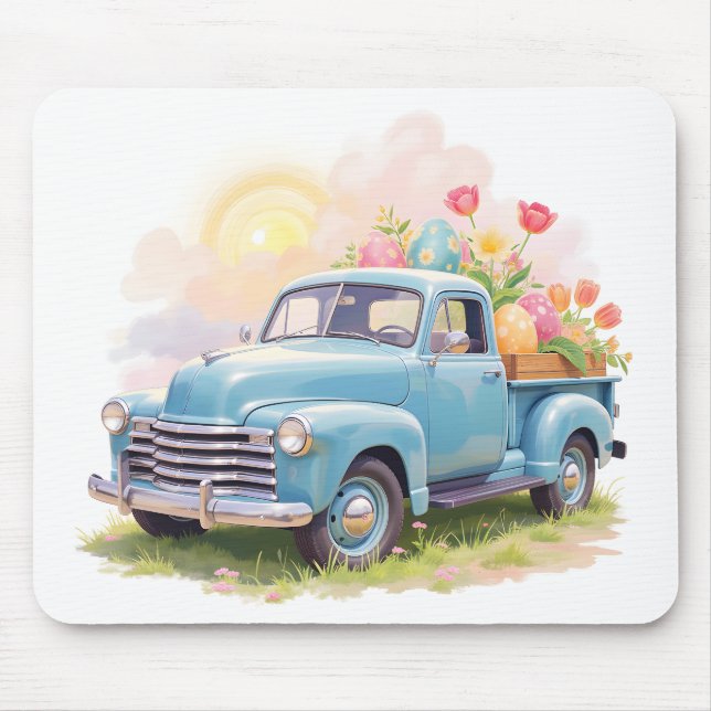 Vintage Blue Truck with Easter Eggs & Tulips Musmatta (Framsidan)