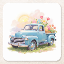 Vintage Blue Truck with Easter Eggs & Tulips Underlägg Papper Kvadrat