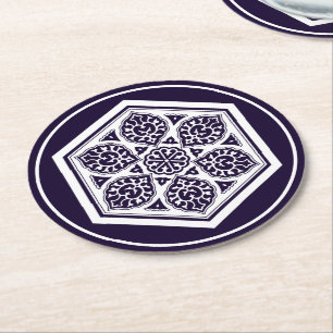 Vintage Blue Turkisk Rosette Geometric Oriental Underlägg Papper Rund
