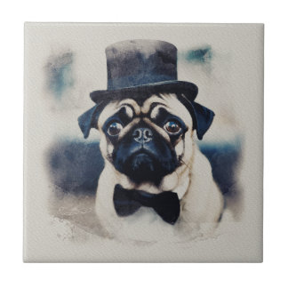 Vintage BLue Tux Pug Porträtt Kakelplatta