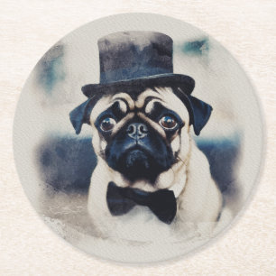 Vintage BLue Tux Pug Porträtt Underlägg Papper Rund