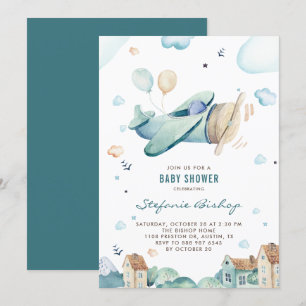 Vintage Blue Watercolor Airplane Boy Shower Inbjudningar