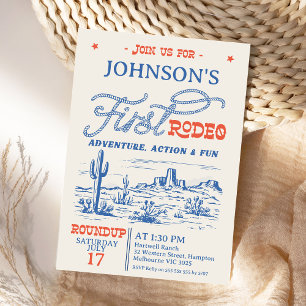 Vintage Blue Western Desert Rodeo 1:a födelsedagen Inbjudningar