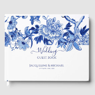 Vintage Blue White Birds Blommigt in Foliage Asian Gästböcker