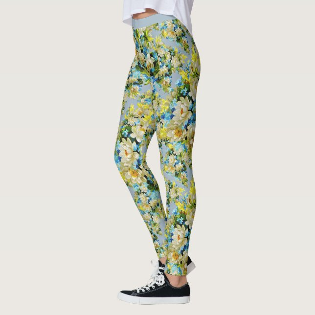 Vintage Blue White Blommigt Flower Mönster Yoga Leggings (Vänster)