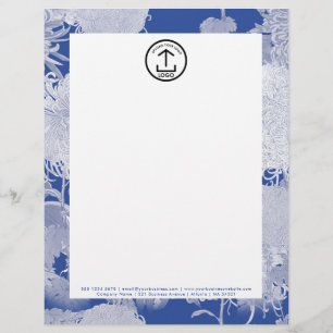 Vintage Blue White Blommönster Letterhead Logotyp Brevhuvud