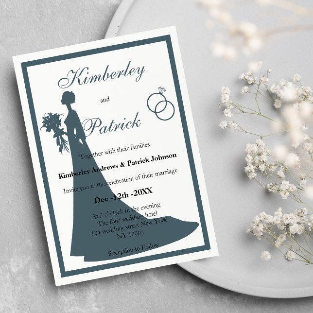 Vintage blue white bride Silhouette Bröllop Inbjudningar (Vintage blue white bride Silhouette Wedding )