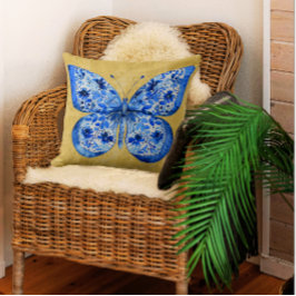 Vintage Blue White Butterfly Antique Guld Damask Kudde