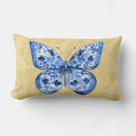 Vintage Blue White Butterfly Antique Guld Damask Lumbarkudde