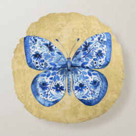 Vintage Blue White Butterfly Antique Guld Damask Rund Kudde