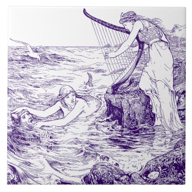 Vintage Blue & White Celtic Harp & Sjöjungfru Kakelplatta (Framsidan)