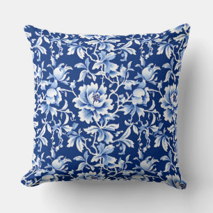 Vintage Blue & White Chinoiserie Blommigt Kudde
