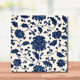 Vintage Blue + White Chinoiserie Mönster Blommigt Kakelplatta