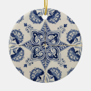 Vintage Blue White Geometric Flower Mönster Julgransprydnad Keramik