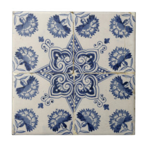 Vintage Blue White Geometric Flower Mönster Kakelplatta