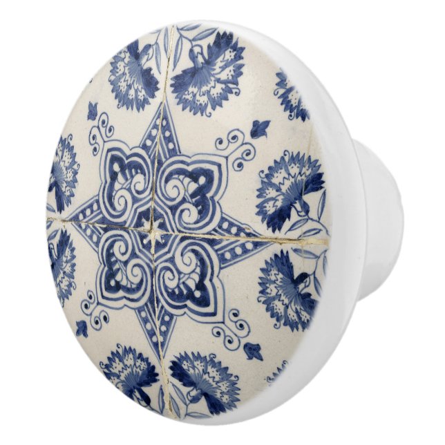 Vintage Blue White Geometric Flower Mönster Knopp (Höger)