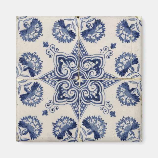 Vintage Blue White Geometric Flower Mönster Magnet (Framsidan)