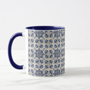 Vintage Blue White Geometric Flower Mönster Mugg