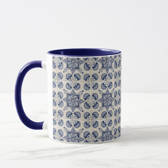 Vintage Blue White Geometric Flower Mönster Mugg (Vänster)