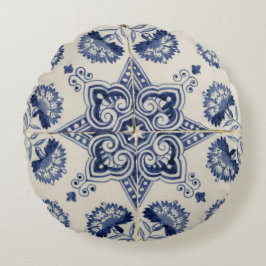 Vintage Blue White Geometric Flower Mönster Rund Kudde